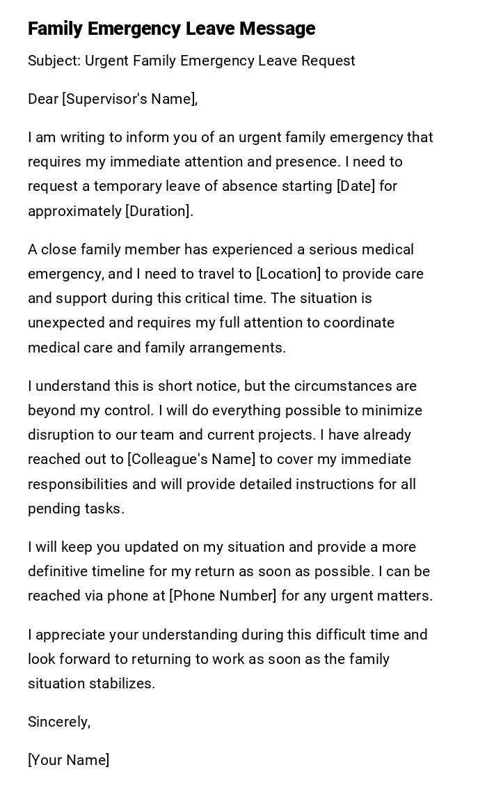 Family Emergency Leave Message Family Emergency Leave Message