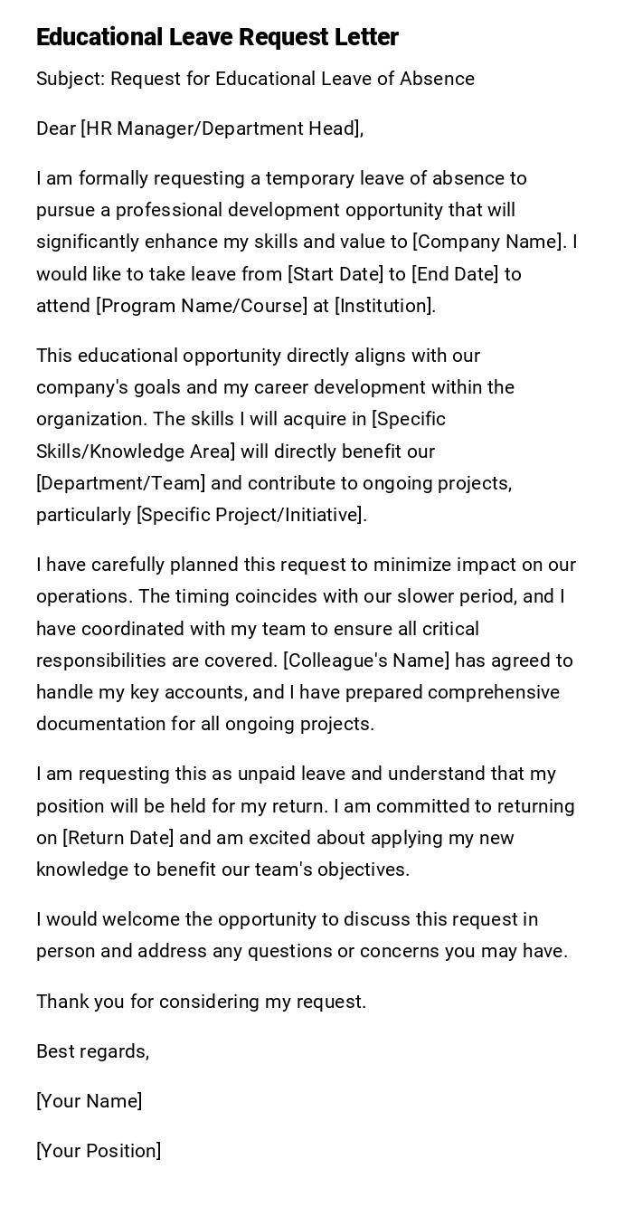 Educational Leave Request Letter Educational Leave Request Letter