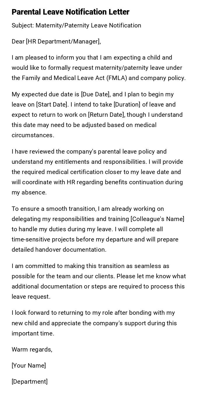 Parental Leave Notification Letter Parental Leave Notification Letter