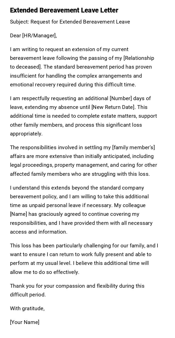 Extended Bereavement Leave Letter Extended Bereavement Leave Letter