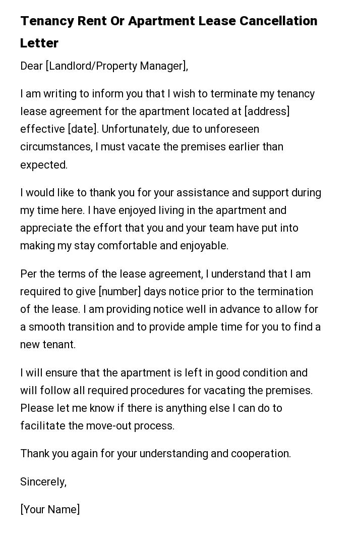 Tenancy Rent Or Apartment Lease Cancellation Letter