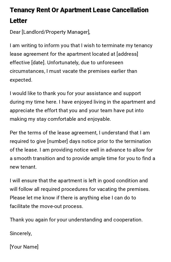 Tenancy Rent Or Apartment Lease Cancellation Letter