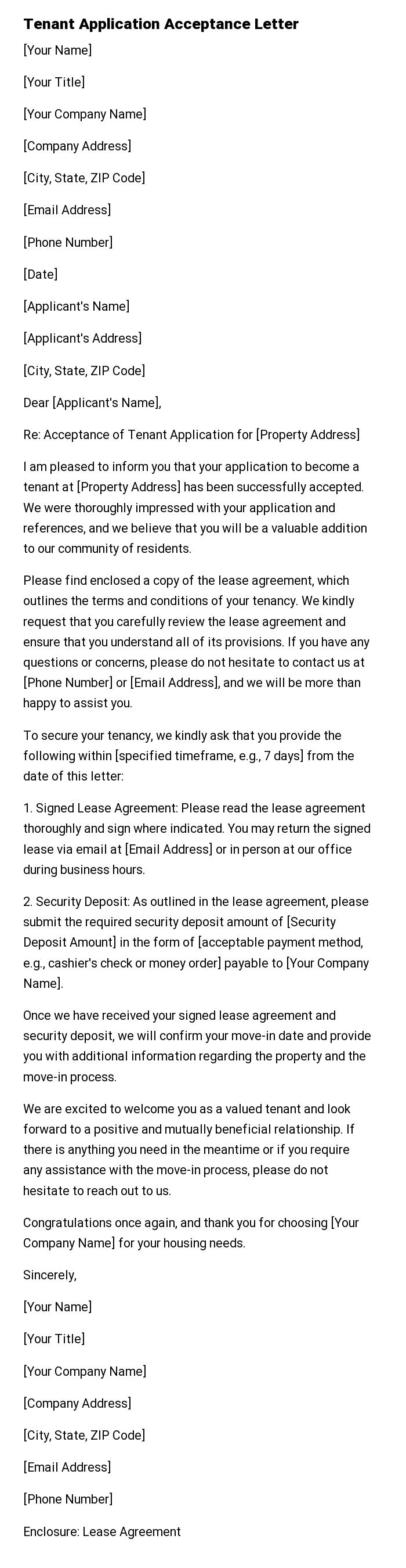 Tenant Application Acceptance Letter