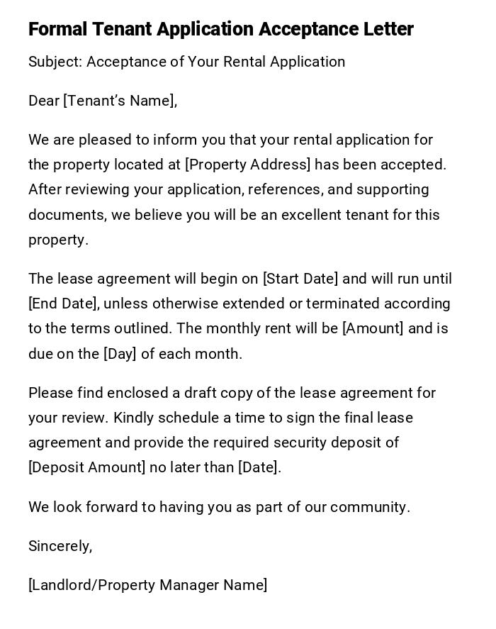 Formal Tenant Application Acceptance Letter Formal Tenant Application Acceptance Letter