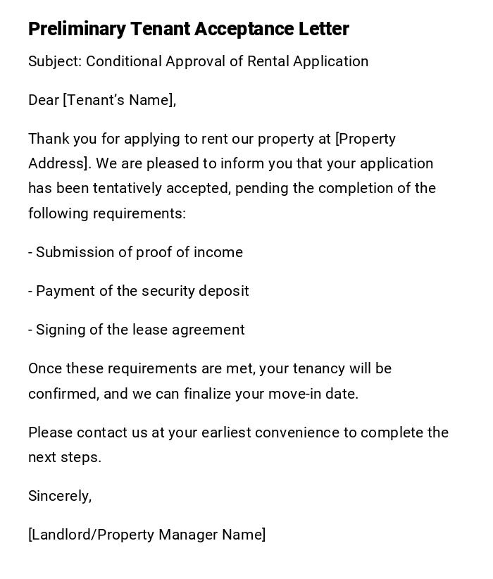 Preliminary Tenant Acceptance Letter Preliminary Tenant Acceptance Letter