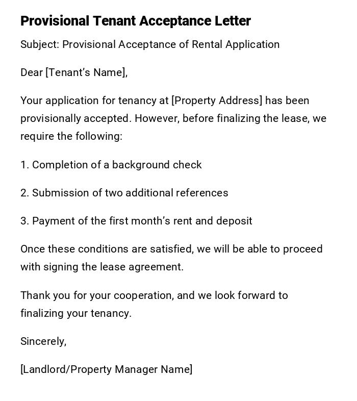 Provisional Tenant Acceptance Letter Provisional Tenant Acceptance Letter