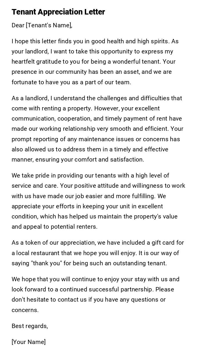 Tenant Appreciation Letter