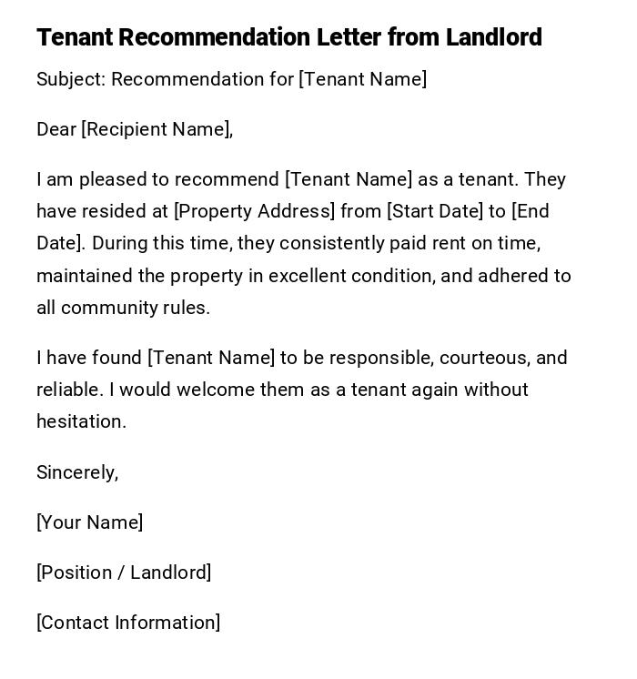 Tenant Recommendation Letter from Landlord