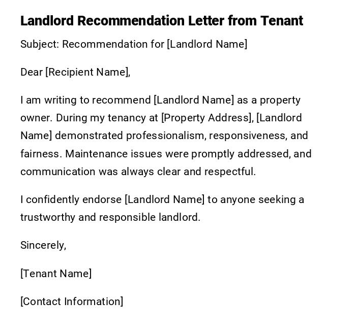 Landlord Recommendation Letter from Tenant