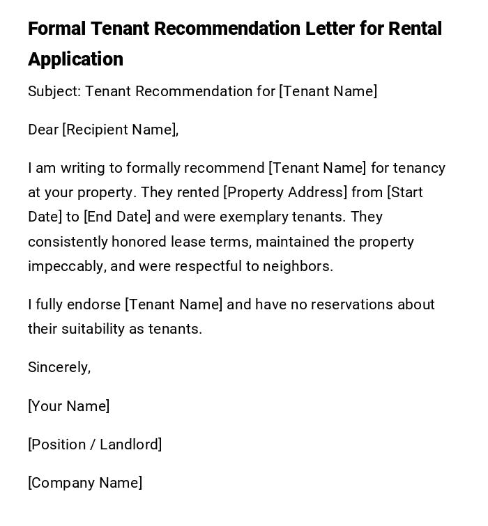 Formal Tenant Recommendation Letter for Rental Application