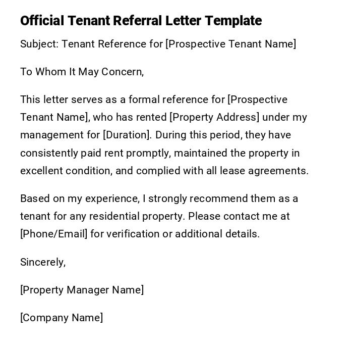 Official Tenant Referral Letter Template Official Tenant Referral Letter Template