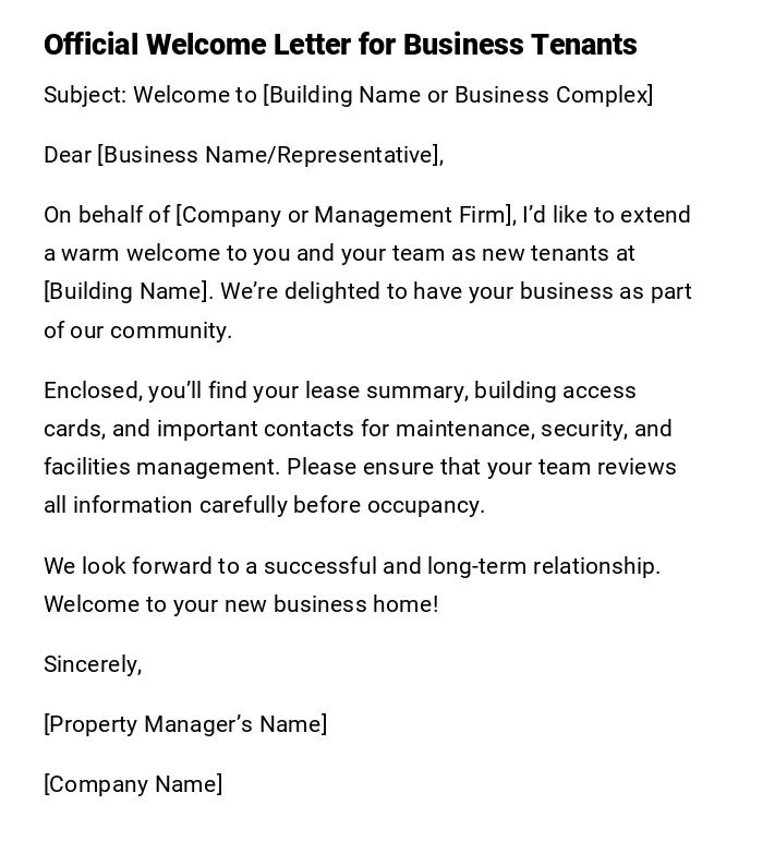 Official Welcome Letter for Business Tenants