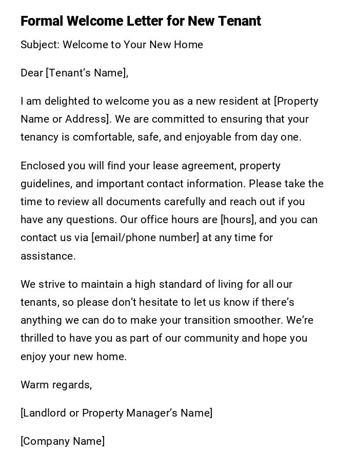 Formal Welcome Letter for New Tenant