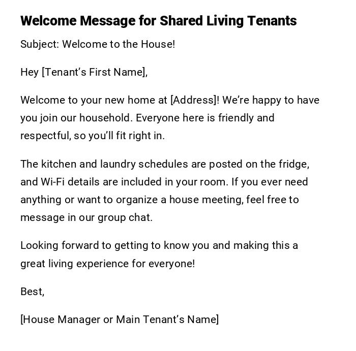 Welcome Message for Shared Living Tenants