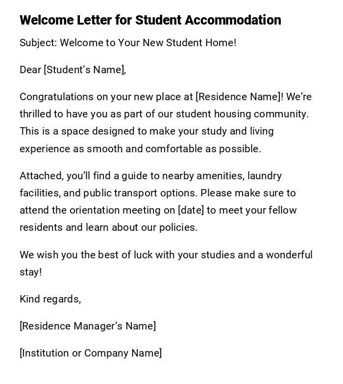 Welcome Letter for Student Accommodation