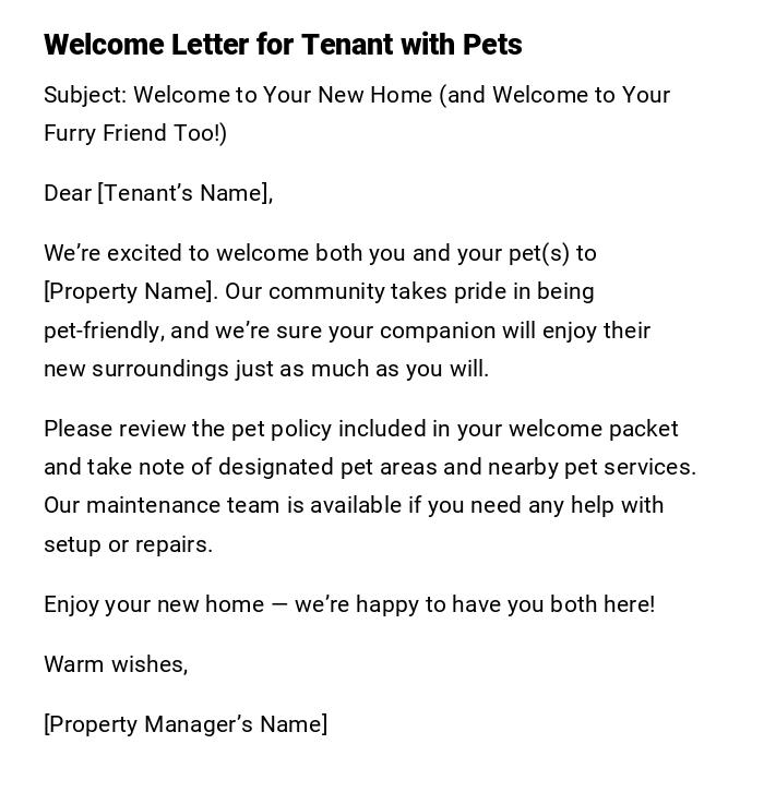 Welcome Letter for Tenant with Pets