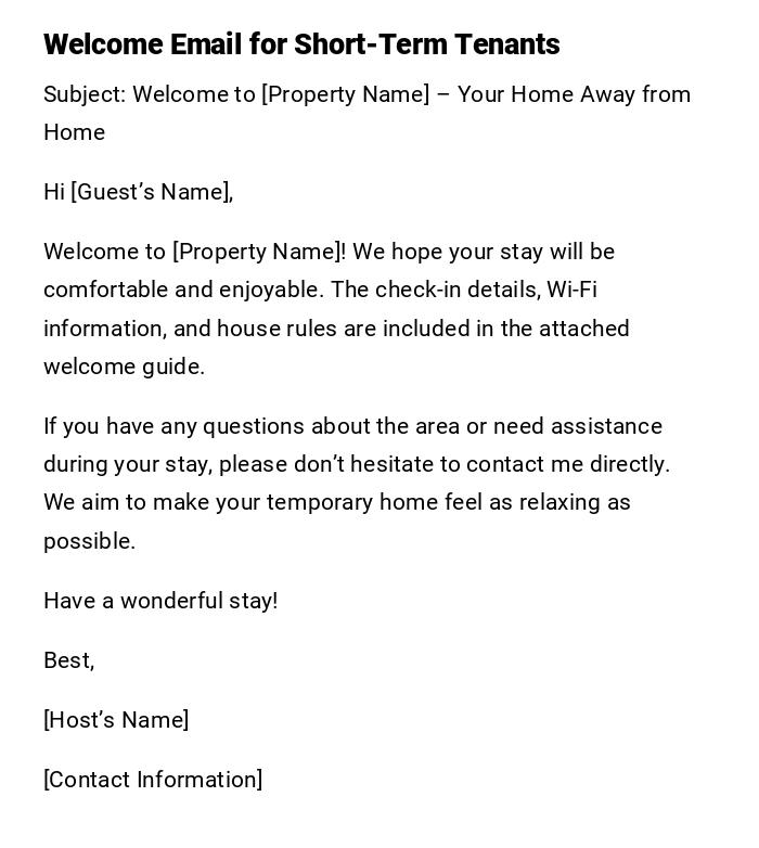 Welcome Email for Short-Term Tenants