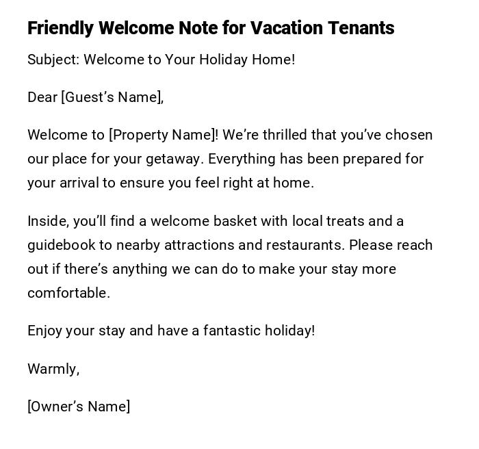 Friendly Welcome Note for Vacation Tenants