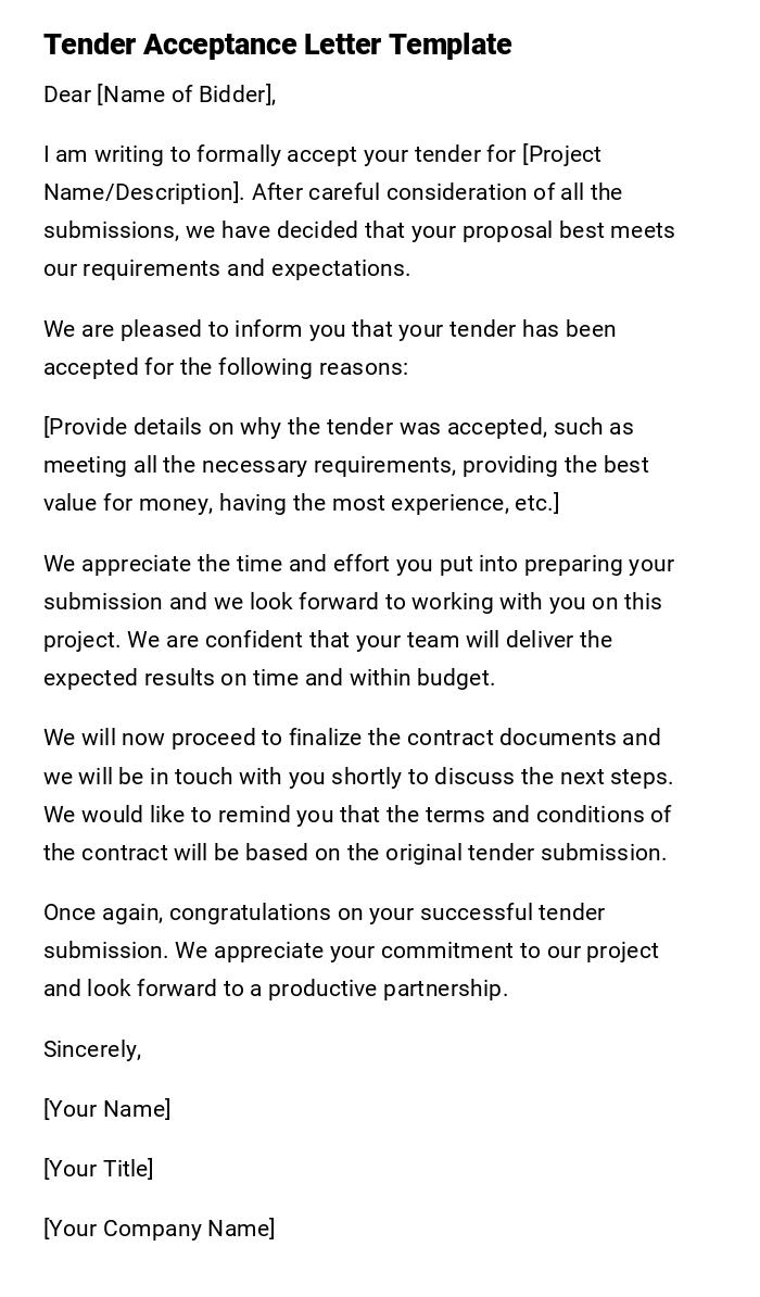 Tender Acceptance Letter Template