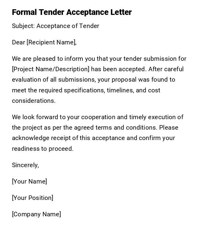 Formal Tender Acceptance Letter Formal Tender Acceptance Letter