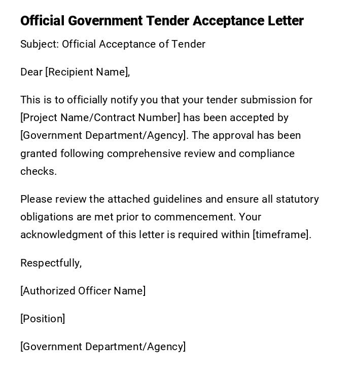 Official Government Tender Acceptance Letter Official Government Tender Acceptance Letter