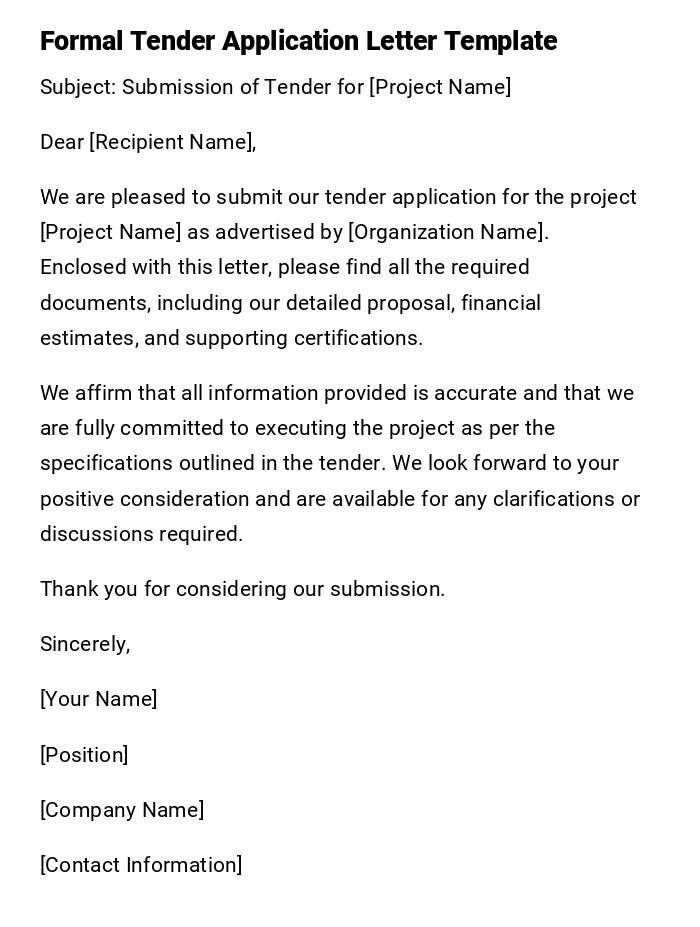 Formal Tender Application Letter Template