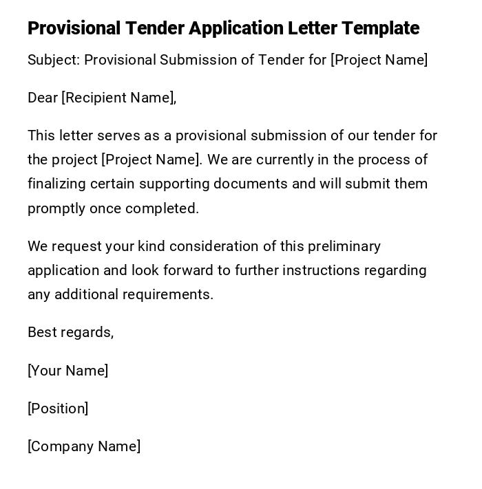 Provisional Tender Application Letter Template