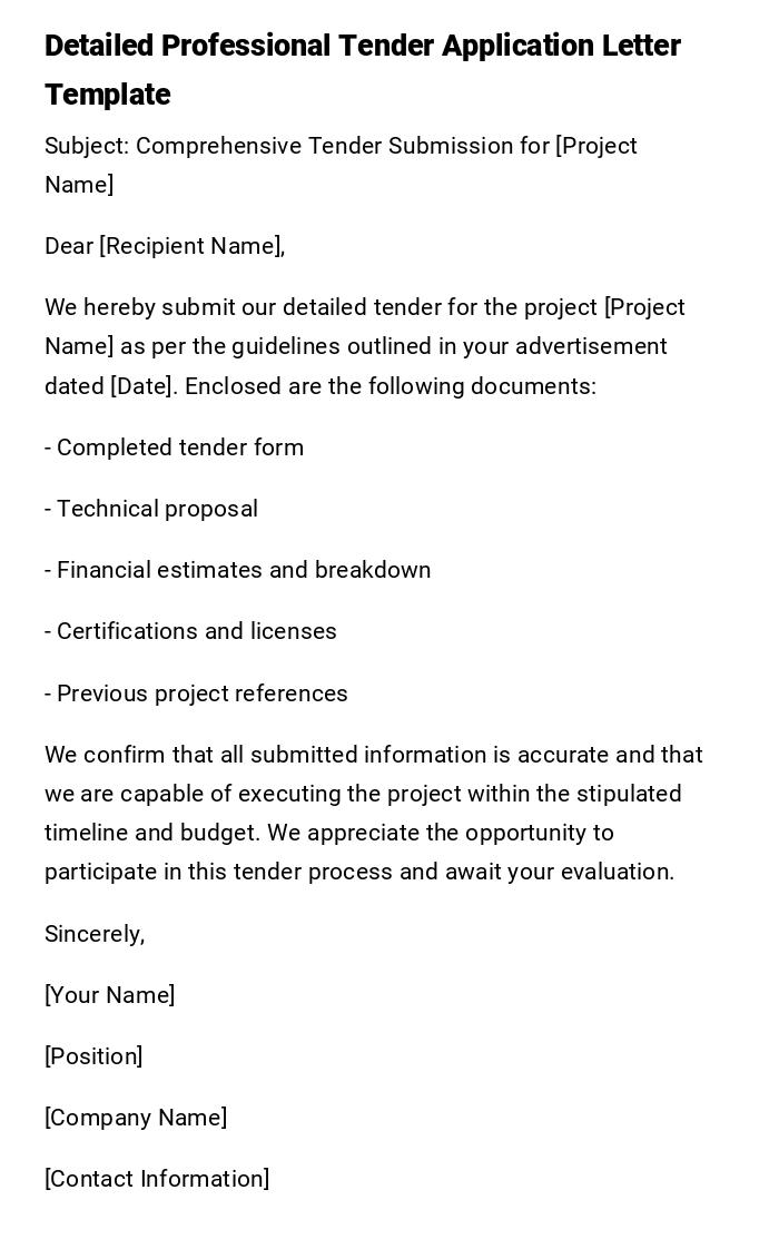 Detailed Professional Tender Application Letter Template