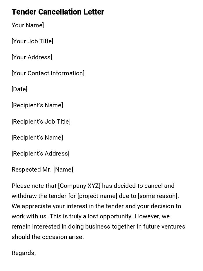 Tender Cancellation Letter Tender Cancellation Letter