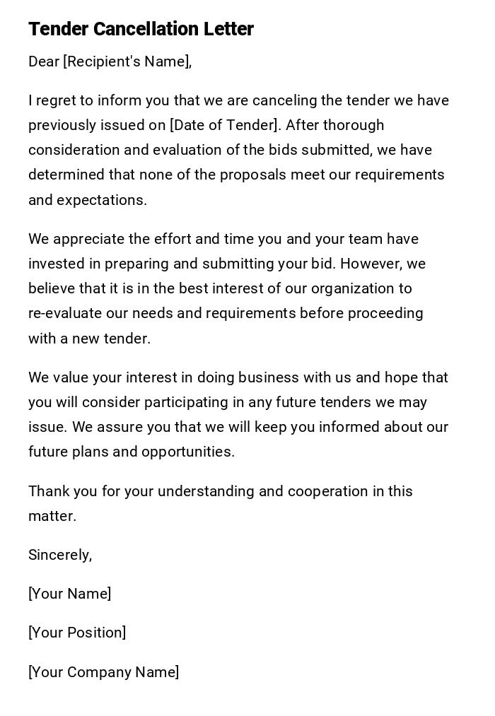 Tender Cancellation Letter Tender Cancellation Letter