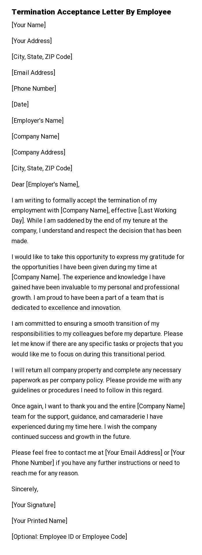 Termination Acceptance Letter By Employee