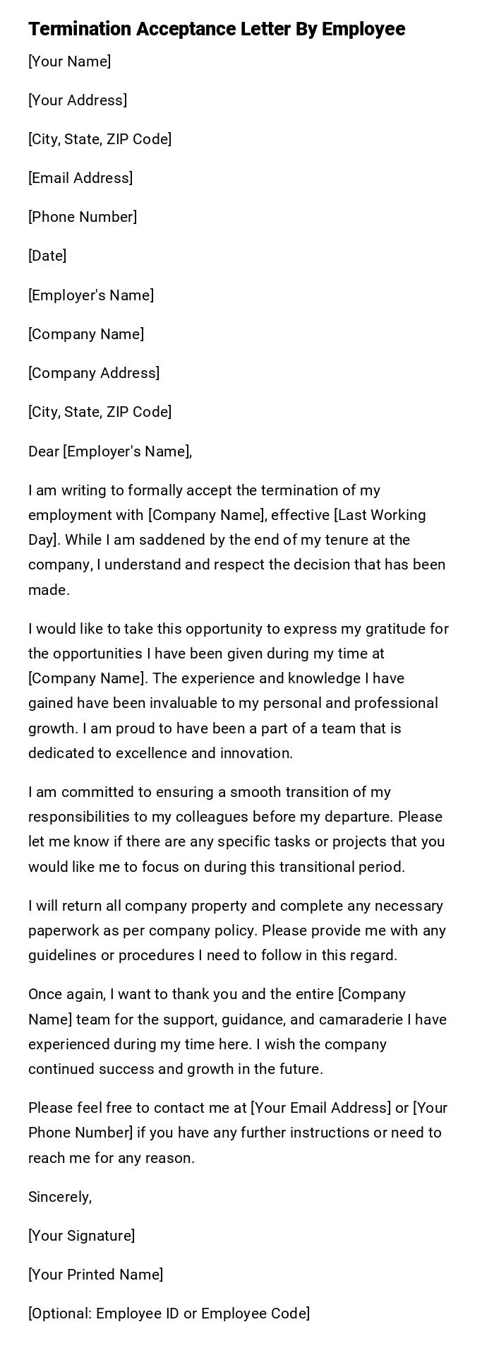 Termination Acceptance Letter By Employee