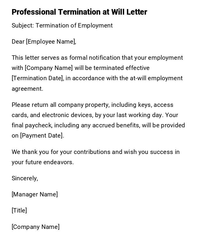 Professional Termination at Will Letter Professional Termination at Will Letter