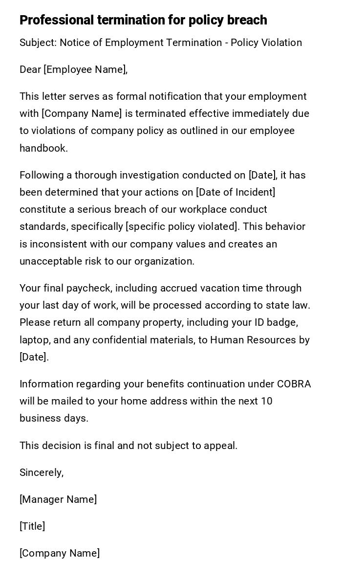 Professional termination for policy breach Professional termination for policy breach