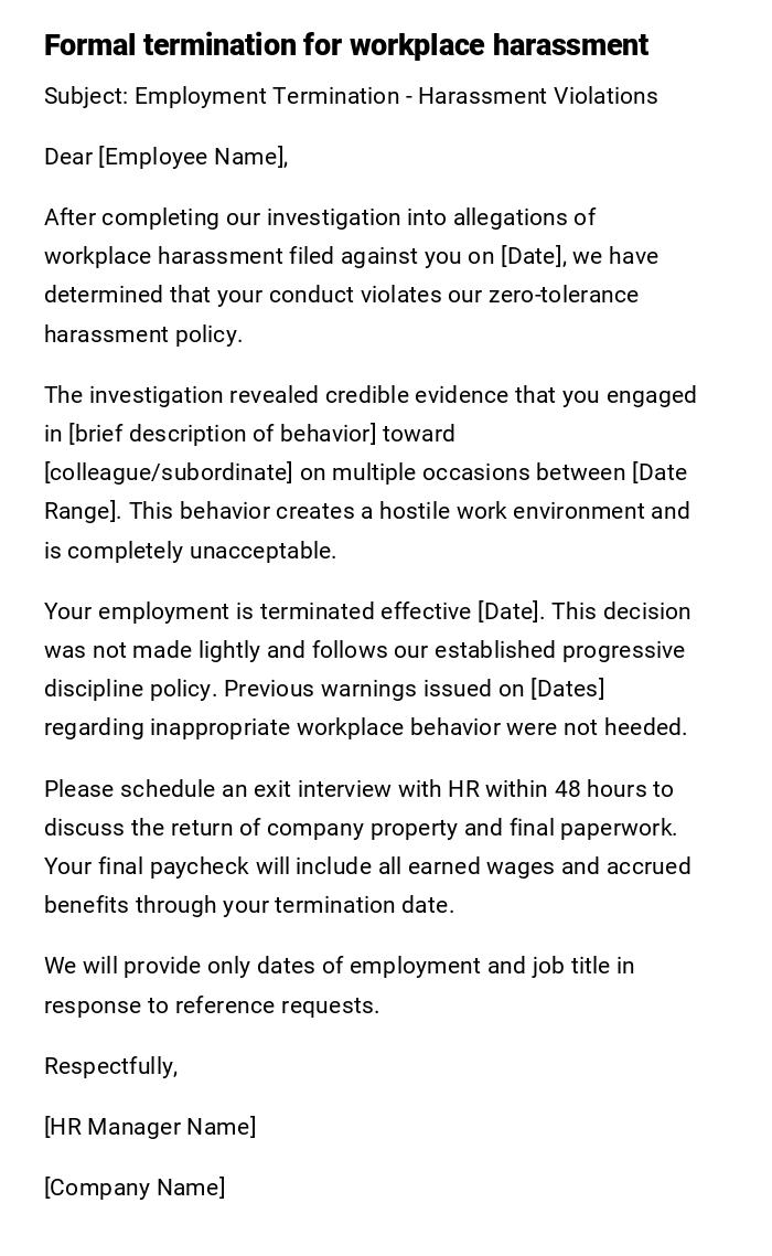 Formal termination for workplace harassment Formal termination for workplace harassment