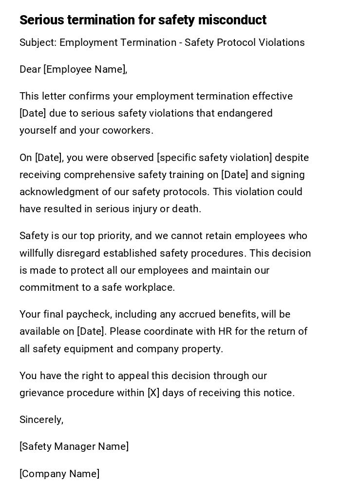 Serious termination for safety misconduct Serious termination for safety misconduct