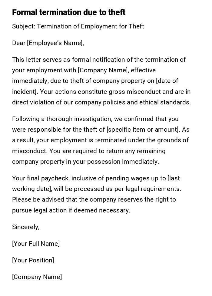 Formal termination due to theft Formal termination due to theft