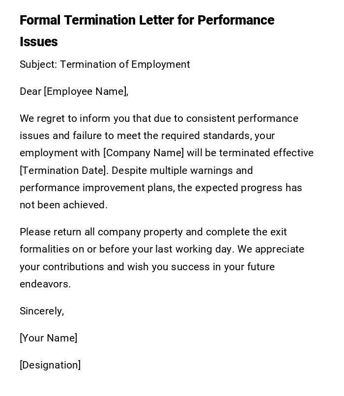 Formal Termination Letter for Performance Issues