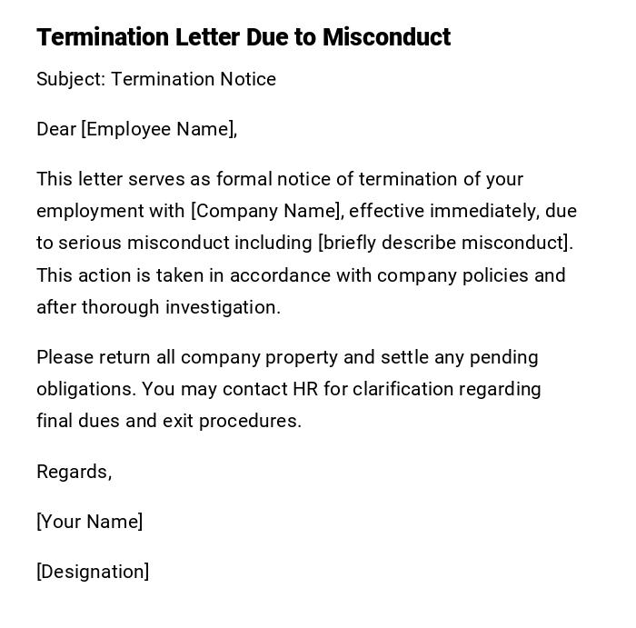 Termination Letter Due to Misconduct