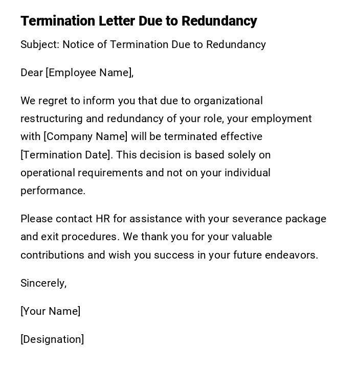 Termination Letter Due to Redundancy