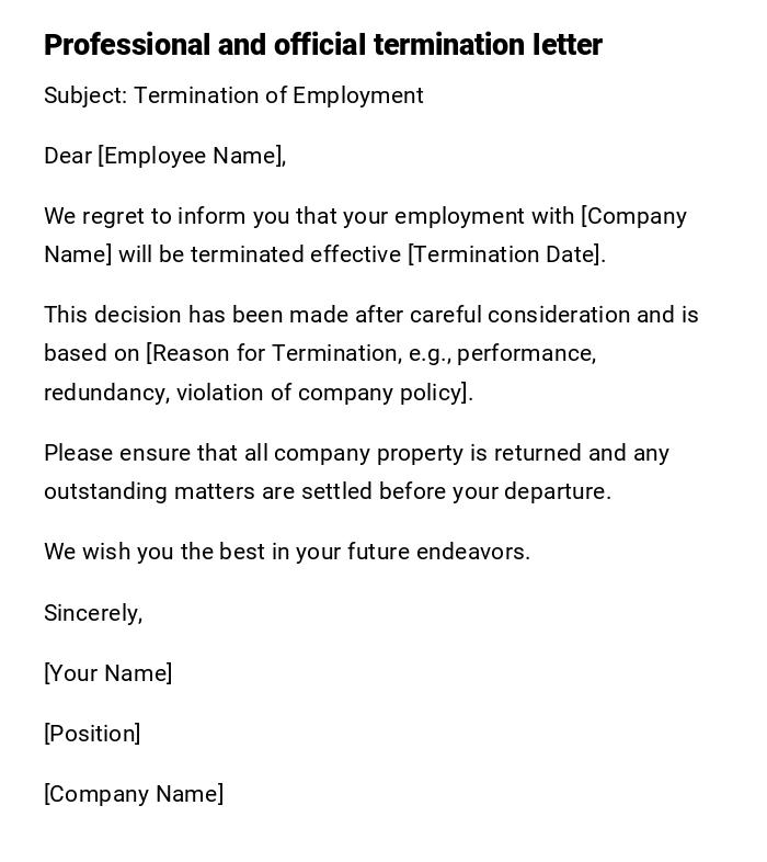 Professional and official termination letter Professional and official termination letter