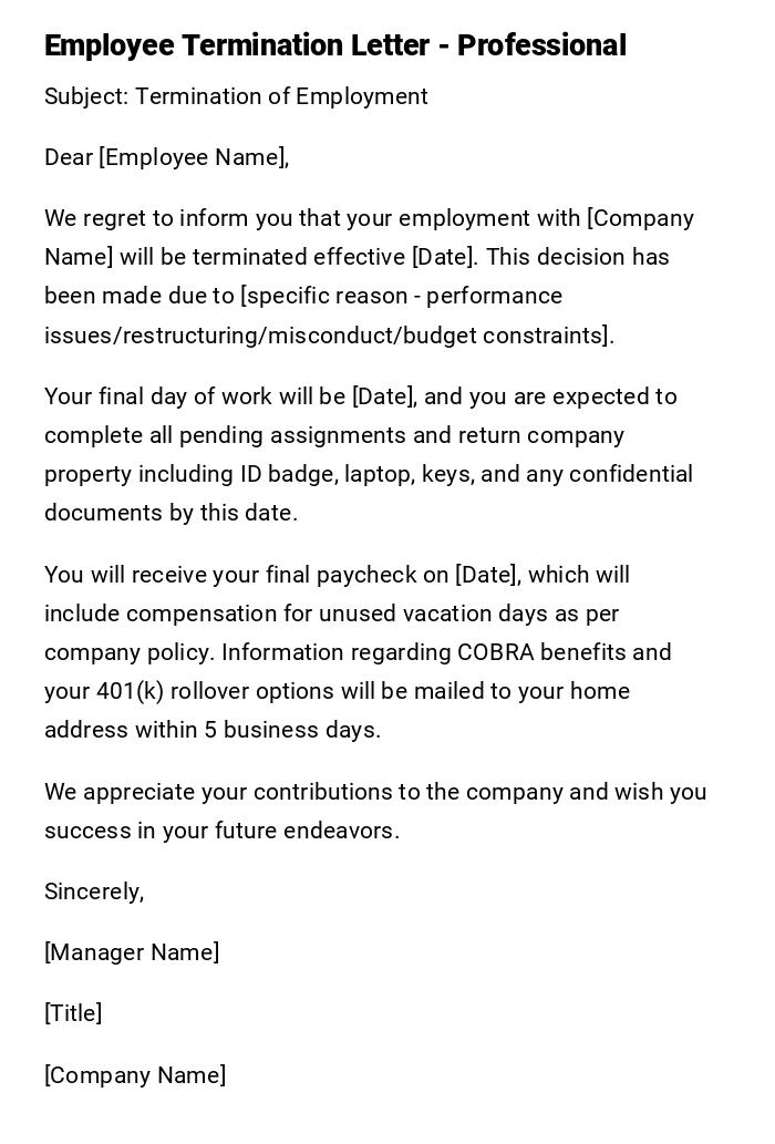Employee Termination Letter - Professional Employee Termination Letter - Professional