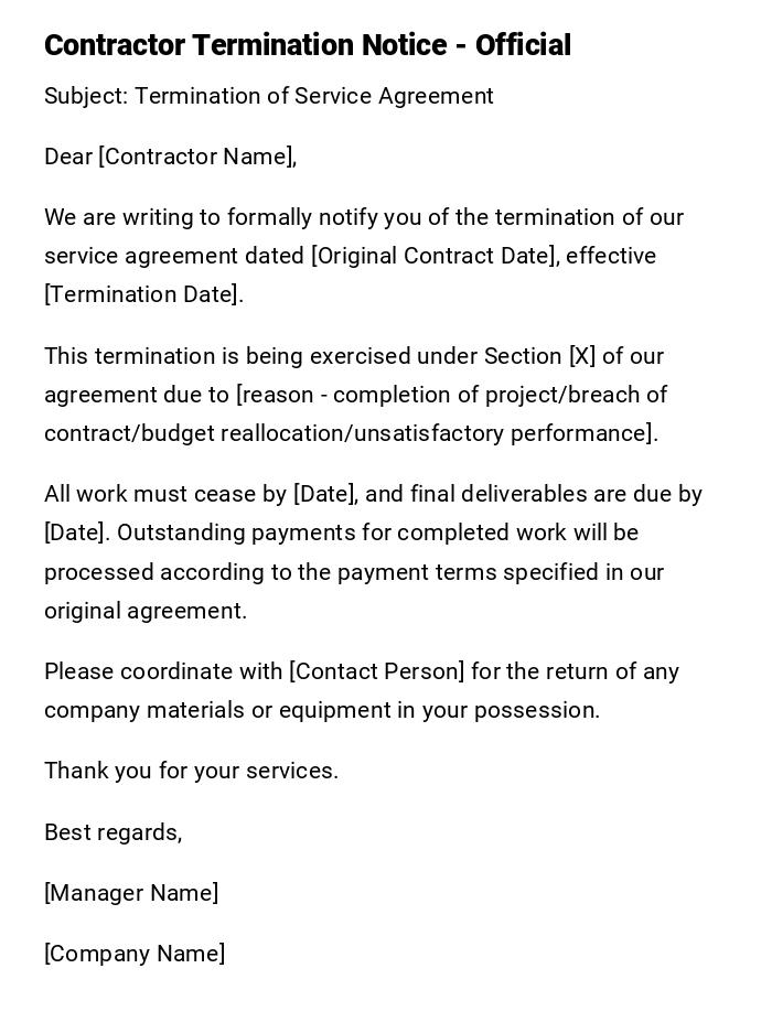 Contractor Termination Notice - Official Contractor Termination Notice - Official