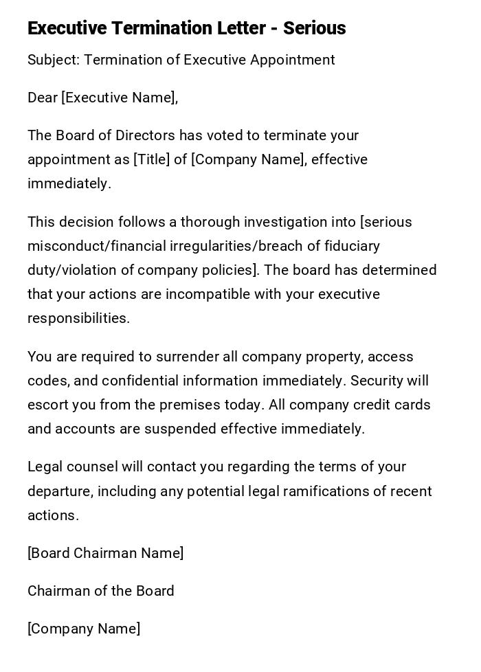 Executive Termination Letter - Serious Executive Termination Letter - Serious