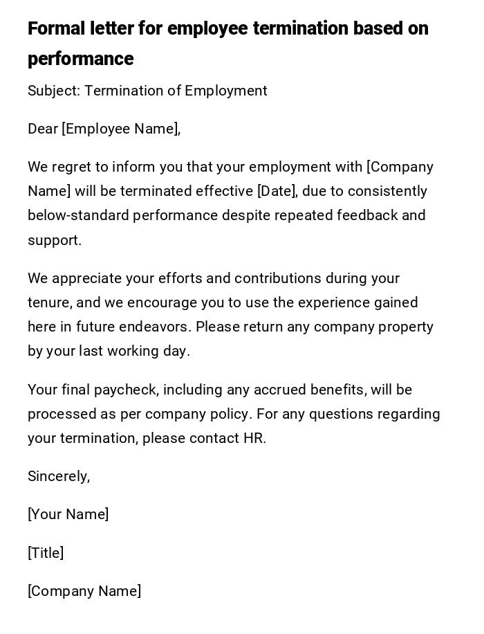 Formal letter for employee termination based on performance Formal letter for employee termination based on performance