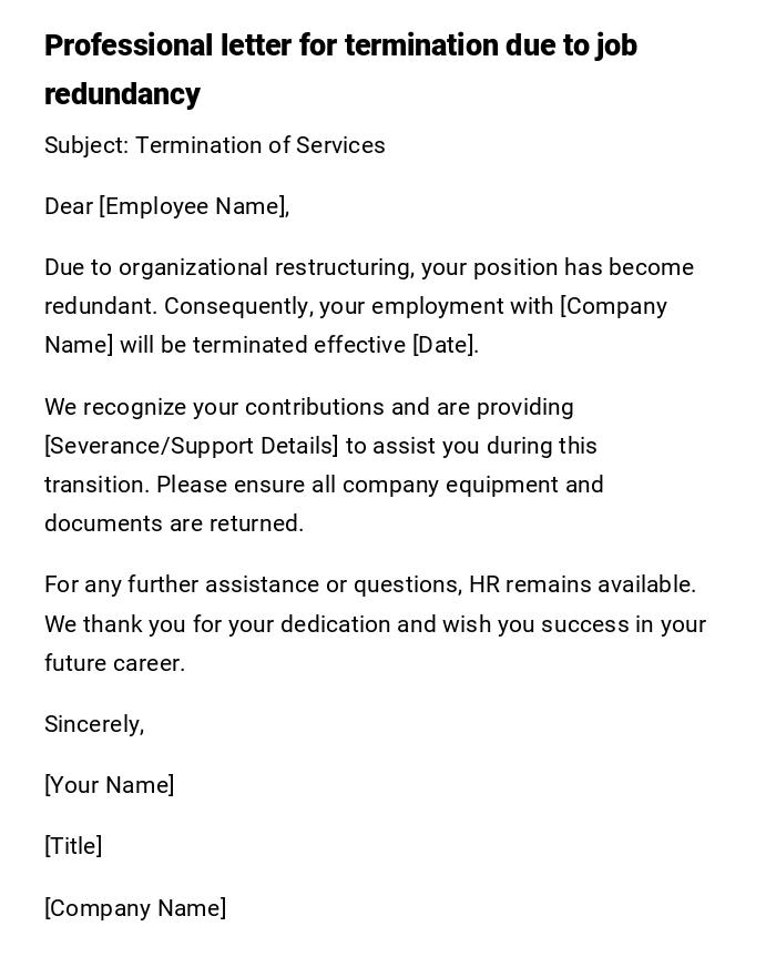 Professional letter for termination due to job redundancy Professional letter for termination due to job redundancy