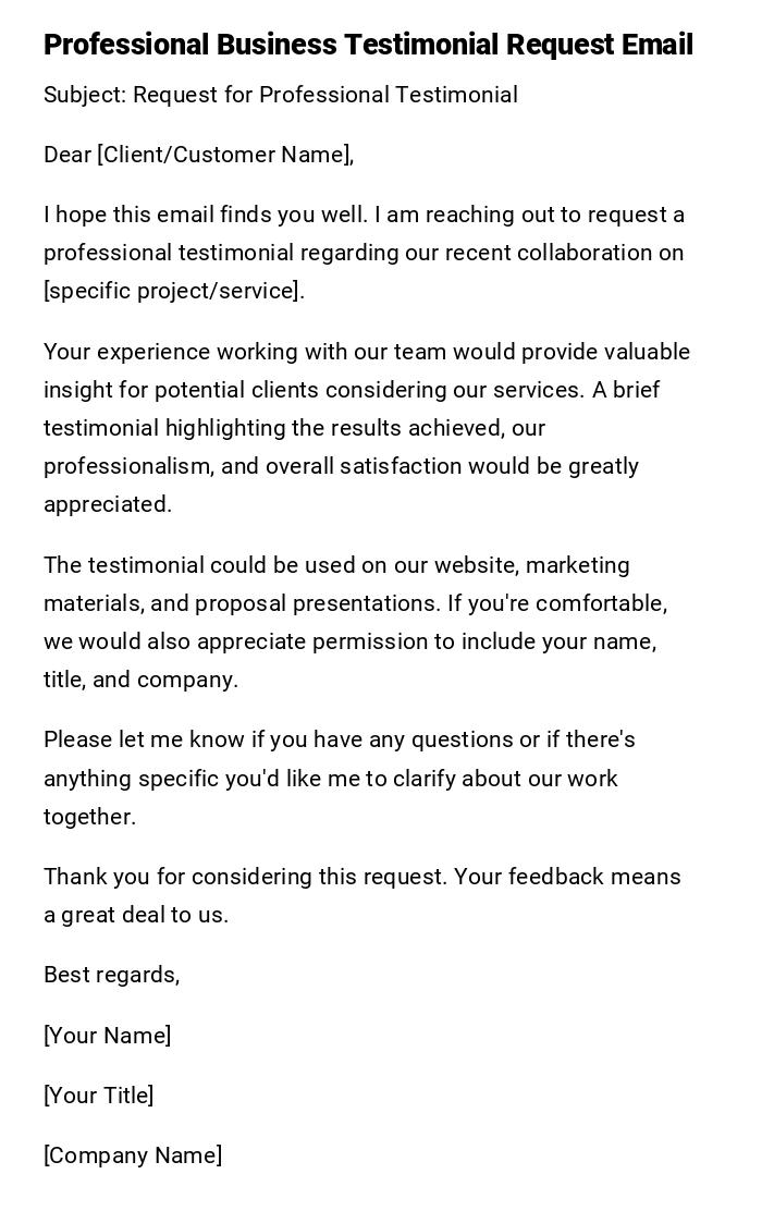 Professional Business Testimonial Request Email Professional Business Testimonial Request Email