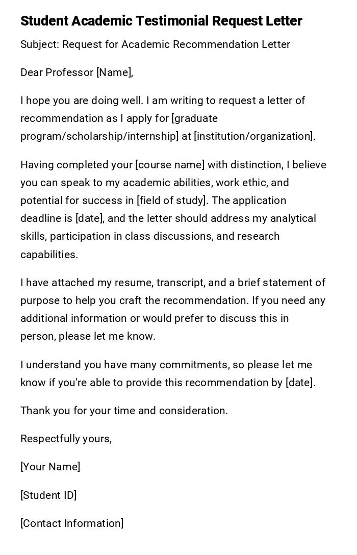 Student Academic Testimonial Request Letter Student Academic Testimonial Request Letter