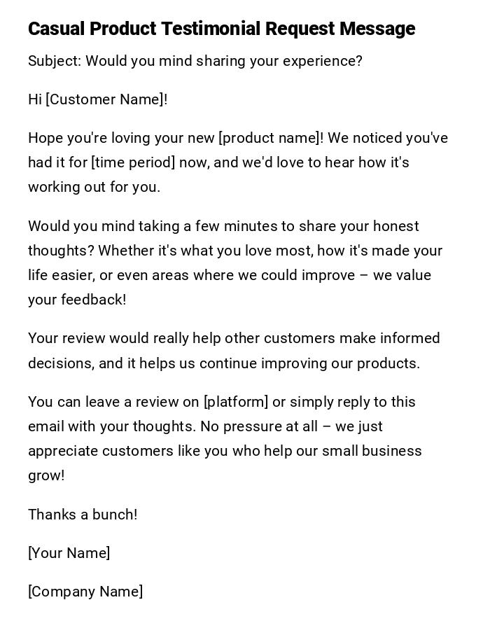 Casual Product Testimonial Request Message Casual Product Testimonial Request Message