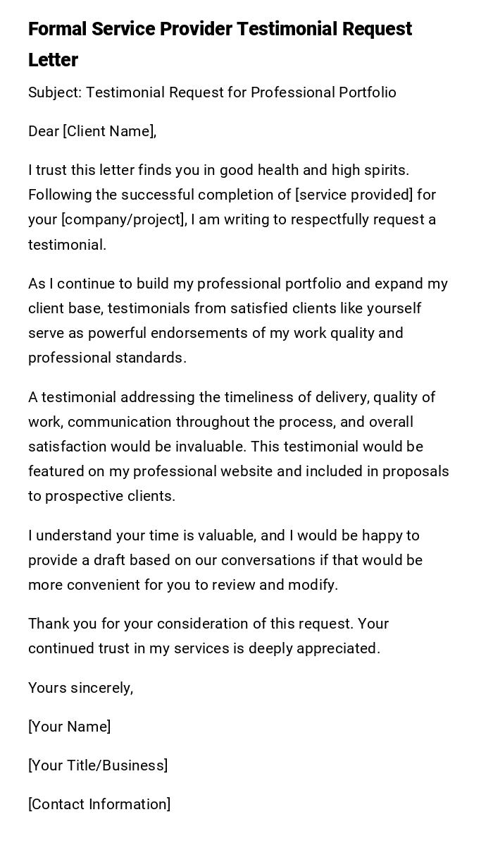 Formal Service Provider Testimonial Request Letter Formal Service Provider Testimonial Request Letter